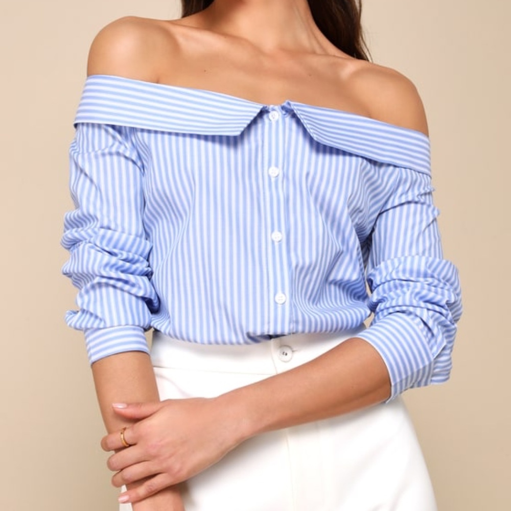 Lulus Posh Poise Blue Striped Cotton Off-the-shoulder Button-up Top - Size XS